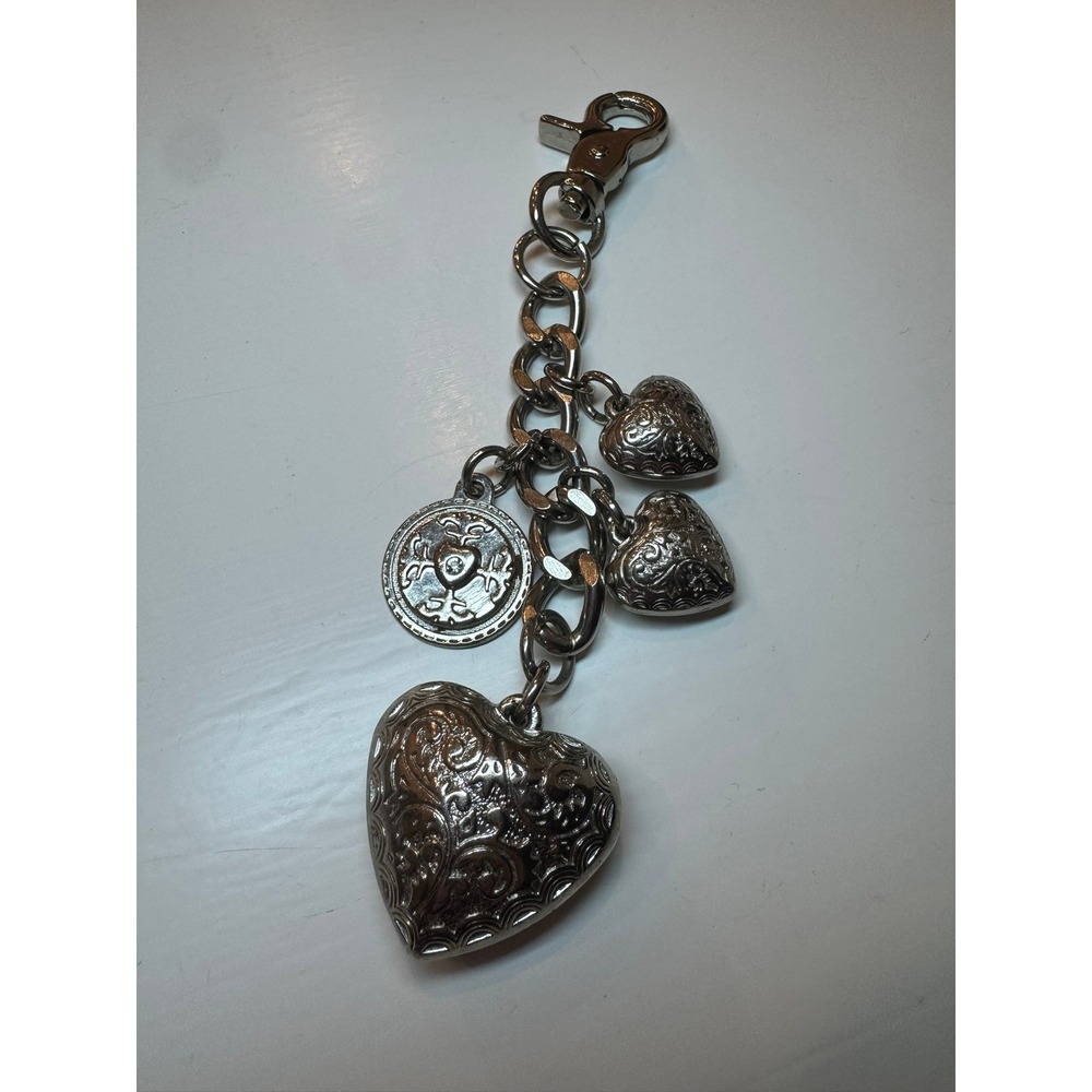 Kathy Van Zeeland Silver Heart Bag Charm Keychain Embossed Paisley Y2K Accessory